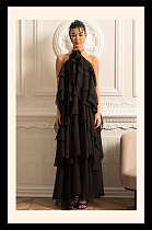 Layered Ruffle Halter Dress With Decorative Neckline Flower - Black