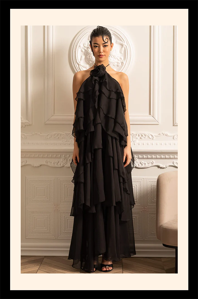 Layered Ruffle Halter Dress With Decorative Neckline Flower - Black