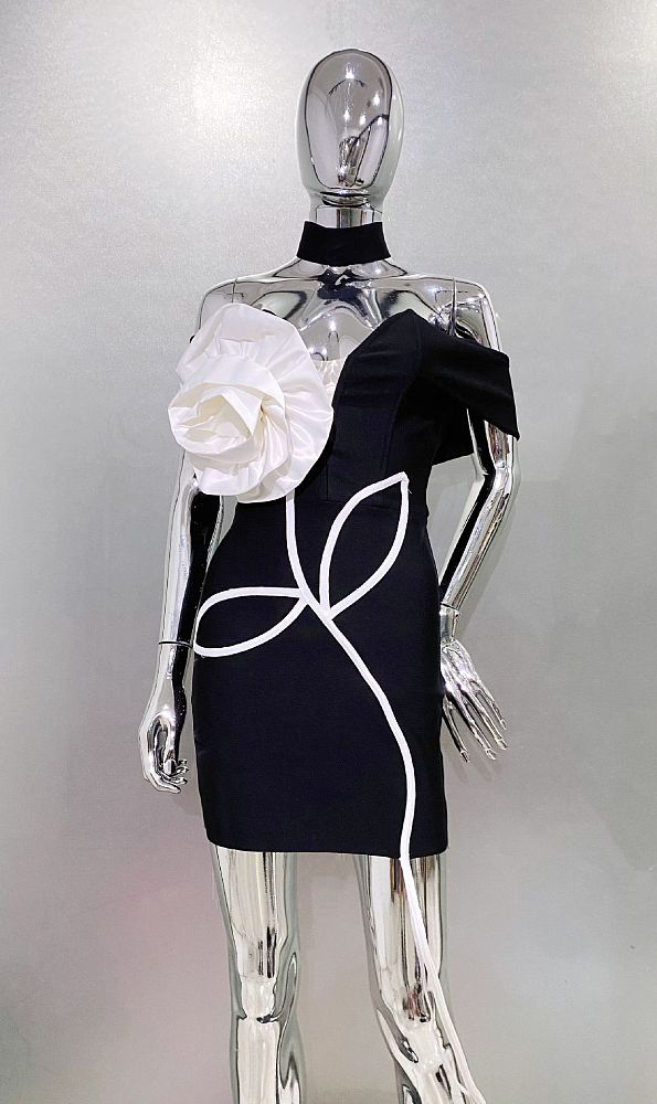 Off Shoulder Mini Dress With Large White Flower Applique - Black