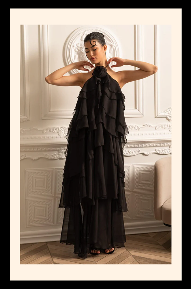 Layered Ruffle Halter Dress With Decorative Neckline Flower - Black