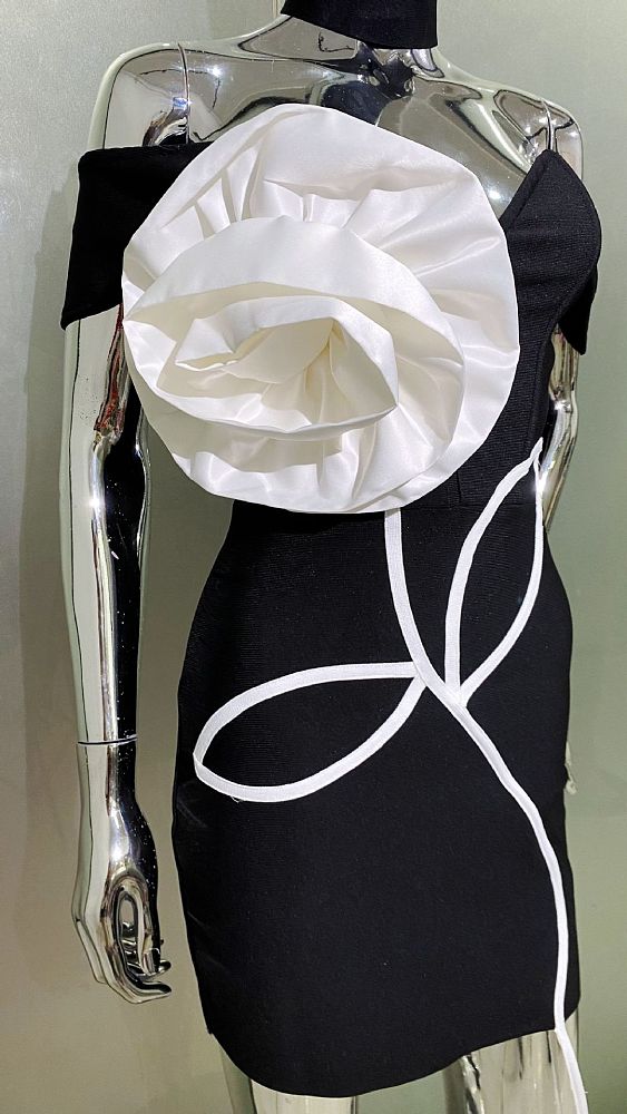 Off Shoulder Mini Dress With Large White Flower Applique - Black