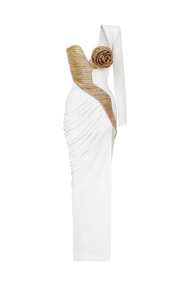 Asymmetrical Gown With Ruched Gold Details - White
