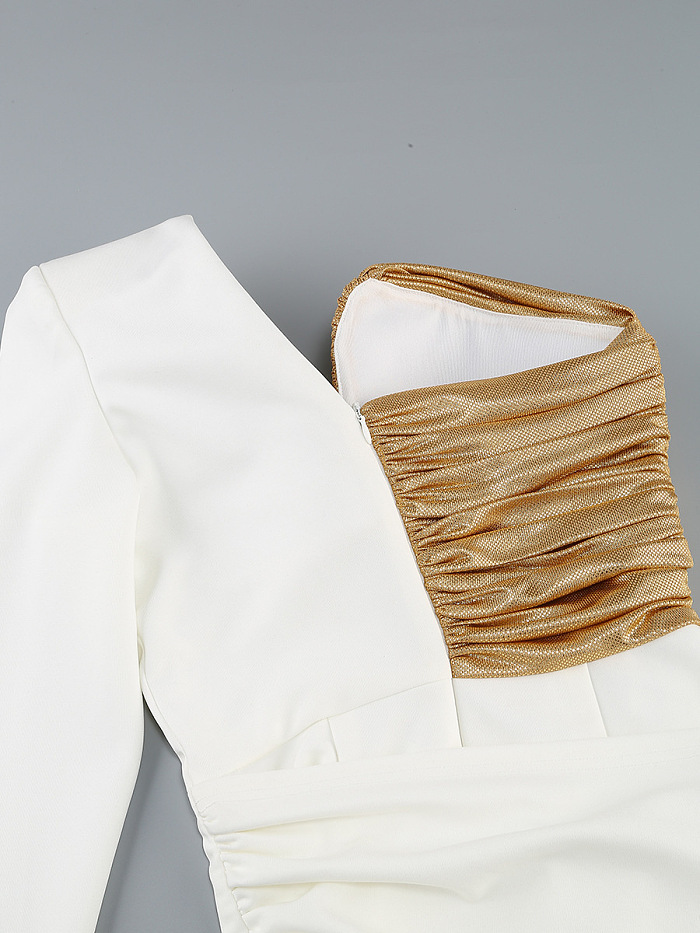 Asymmetrical Gown With Ruched Gold Details - White