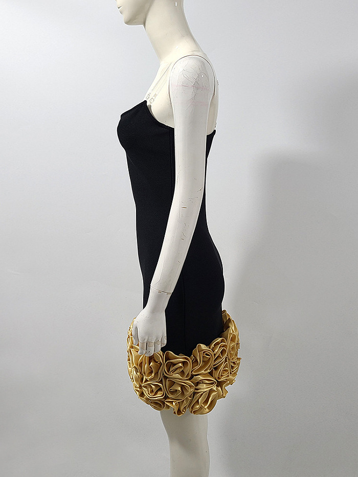 Sophisticated Evening Dress With Golden Roses At Hemline - Black