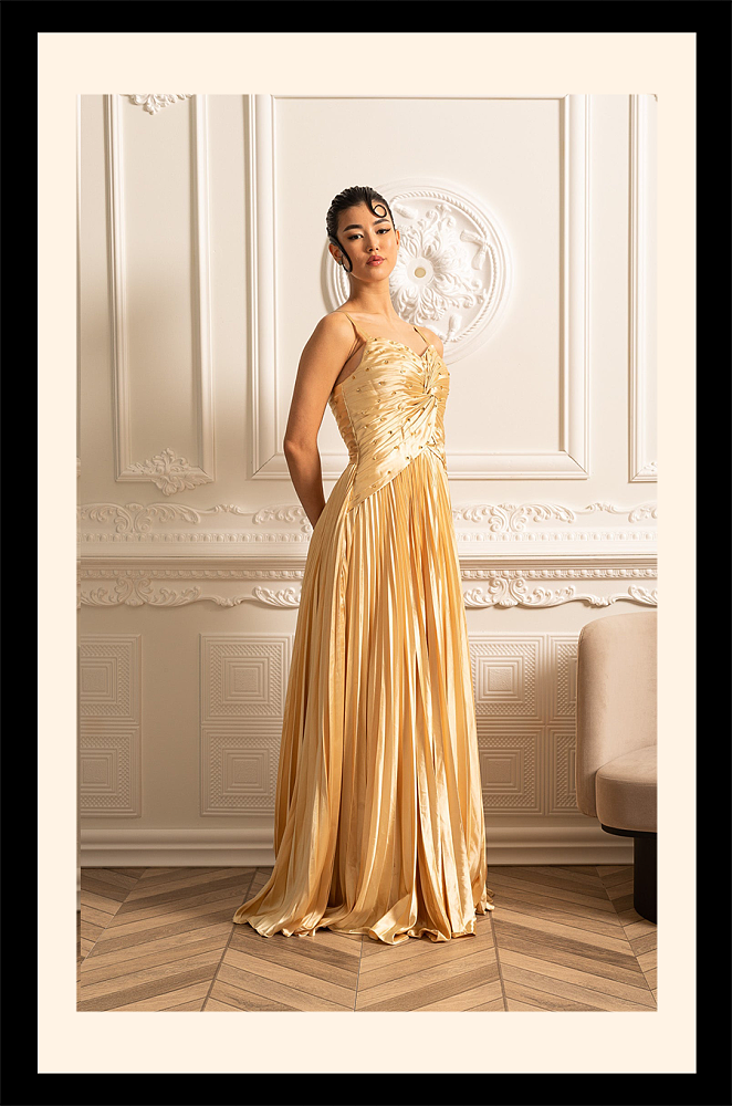 Cascade Gown With Back Lace Detail - Gold