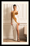 Asymmetrical Gown With Ruched Gold Details - White