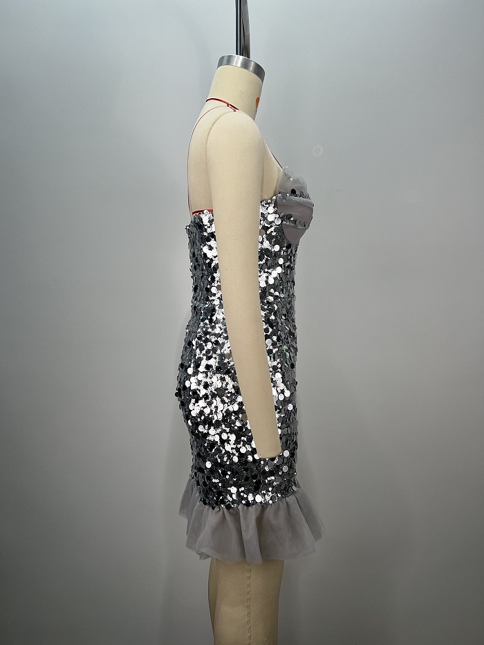 Strapless Sequin Mini Dress With Ruffled Hem And Side Slit - Silver