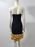 Sophisticated Evening Dress With Golden Roses At Hemline - Black
