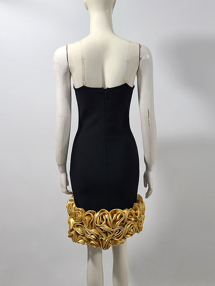 Sophisticated Evening Dress With Golden Roses At Hemline - Black