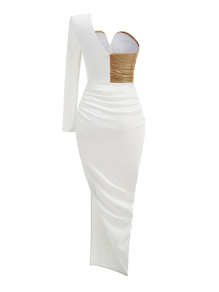 Asymmetrical Gown With Ruched Gold Details - White