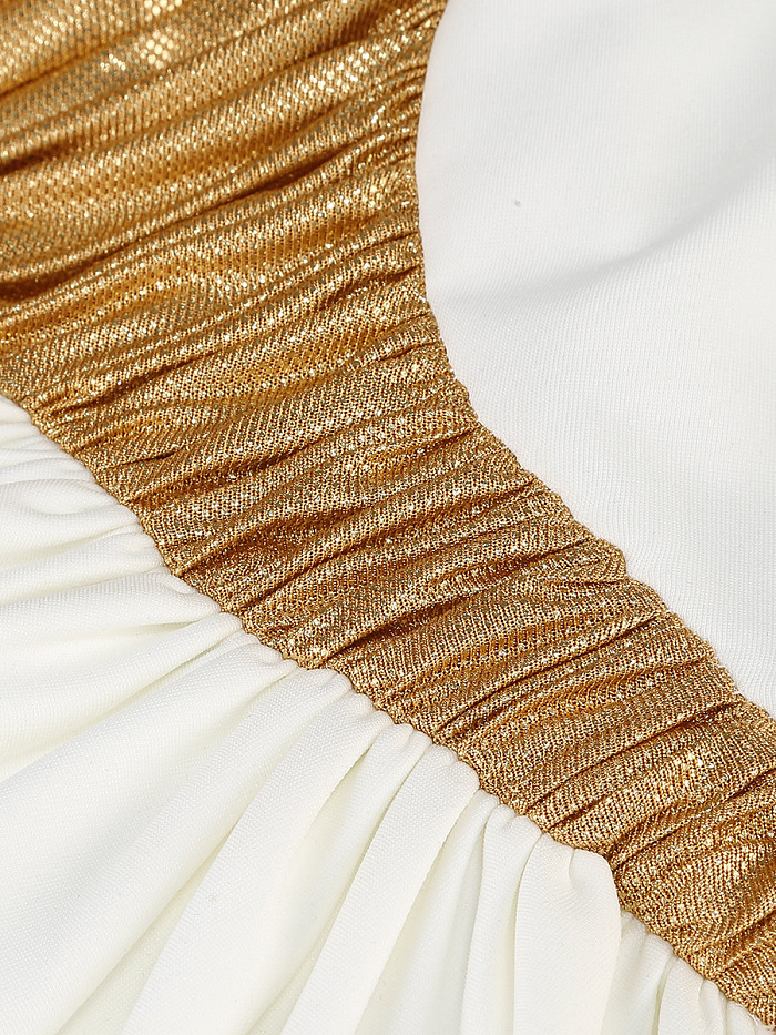 Asymmetrical Gown With Ruched Gold Details - White