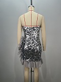 Strapless Sequin Mini Dress With Ruffled Hem And Side Slit - Silver
