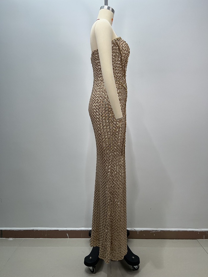 Strapless Ruched Sequin Maxi Dress