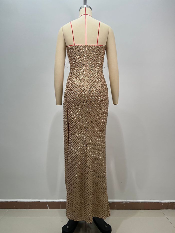 Strapless Ruched Sequin Maxi Dress
