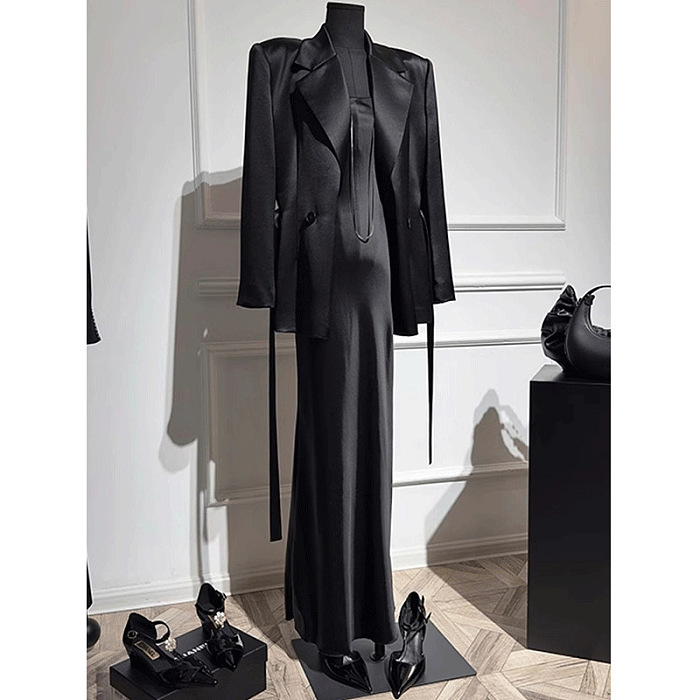Satin Evening Dress & Blazer Set in Black
