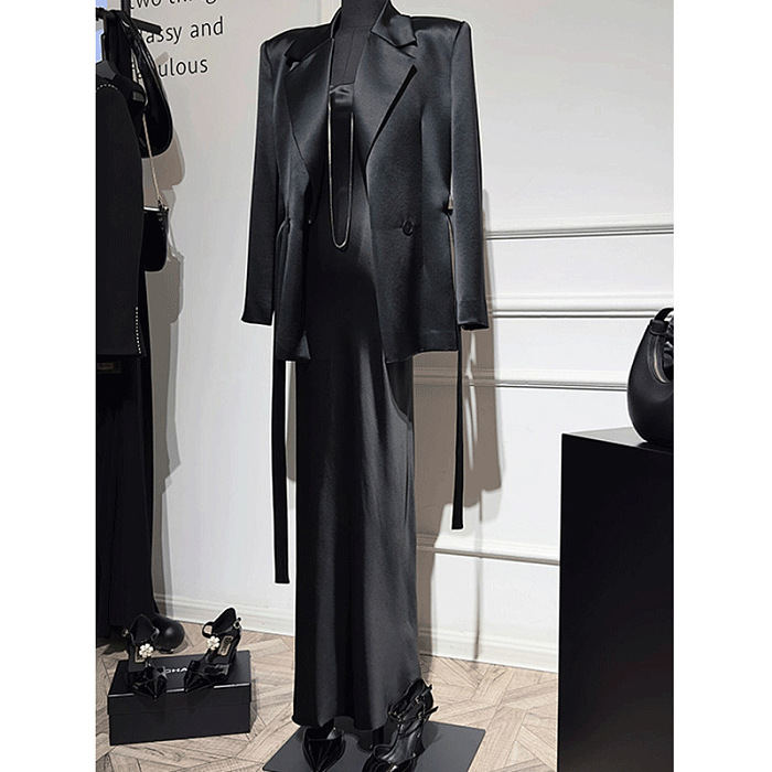 Satin Evening Dress & Blazer Set in Black