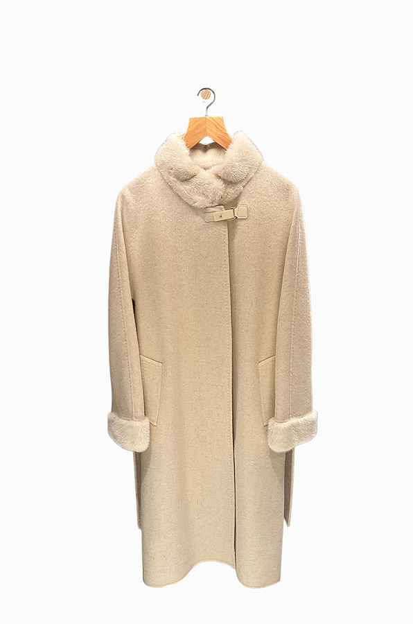 Long Double-Faced Wool Alpaca Coat with Mink Fur Collar and Stand Neck