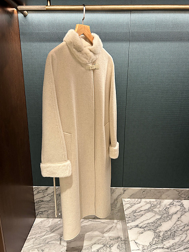 Long Double-Faced Wool Alpaca Coat with Mink Fur Collar and Stand Neck