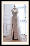 Slim-fit Beaded Gown with Mesh Cape