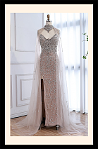 Slim-fit Beaded Gown with Mesh Cape