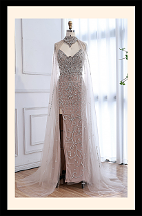 Slim-fit Beaded Gown with Mesh Cape
