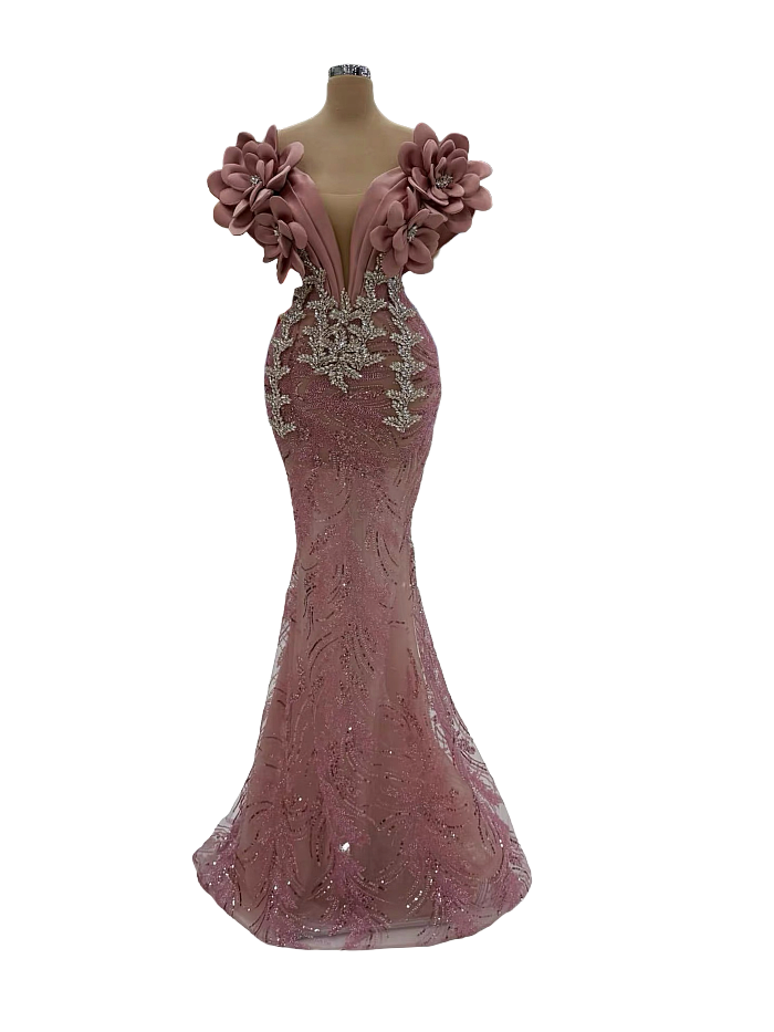 Plunging Neckline Gown with 3d Flower Design