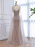 Slim-fit Beaded Gown with Mesh Cape