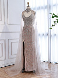 Slim-fit Beaded Gown with Mesh Cape
