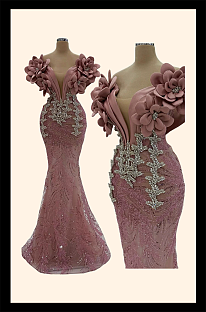 Plunging Neckline Gown with 3d Flower Design