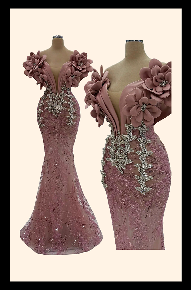 Plunging Neckline Gown with 3d Flower Design