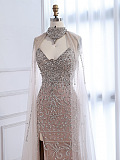 Slim-fit Beaded Gown with Mesh Cape