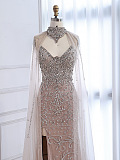 Slim-fit Beaded Gown with Mesh Cape