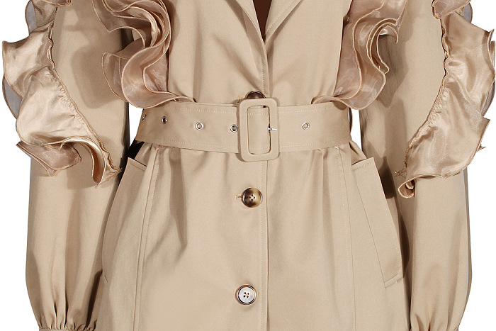 Ruffle Patchwork Lapel Lantern Sleeve Trench Coat