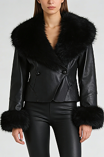 Faux Fur CollarPU Leather Jacket