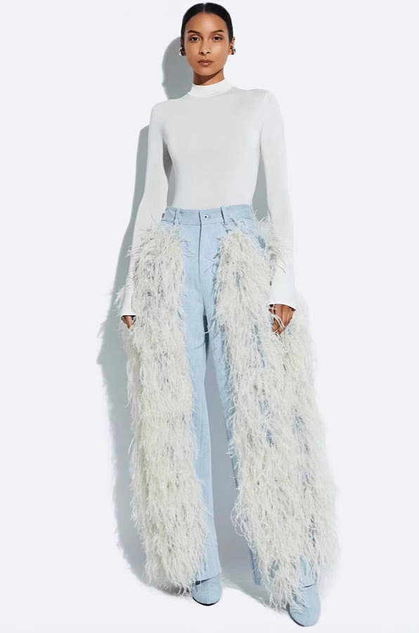 Washed Denim Faux Fur Fringe Pants
