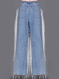 Washed Denim Faux Fur Fringe Pants