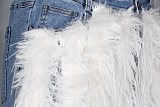 Washed Denim Faux Fur Fringe Pants