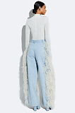 Washed Denim Faux Fur Fringe Pants