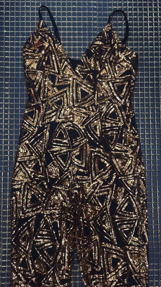 Black Mesh Gold Sequin Backless Jumpsuit (Sleeveless/Spaghetti Strap)