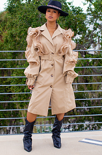 Ruffle Patchwork Lapel Lantern Sleeve Trench Coat