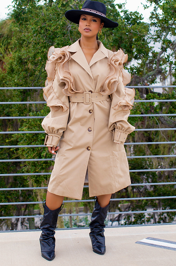 Ruffle Patchwork Lapel Lantern Sleeve Trench Coat