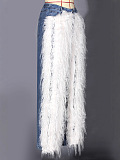 Washed Denim Faux Fur Fringe Pants
