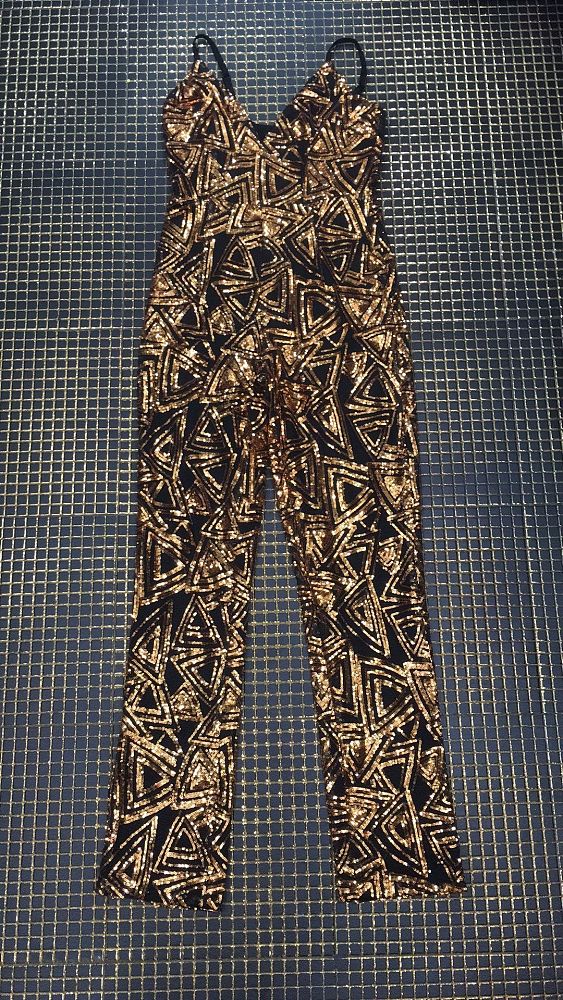 Black Mesh Gold Sequin Backless Jumpsuit (Sleeveless/Spaghetti Strap)