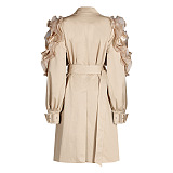 Ruffle Patchwork Lapel Lantern Sleeve Trench Coat