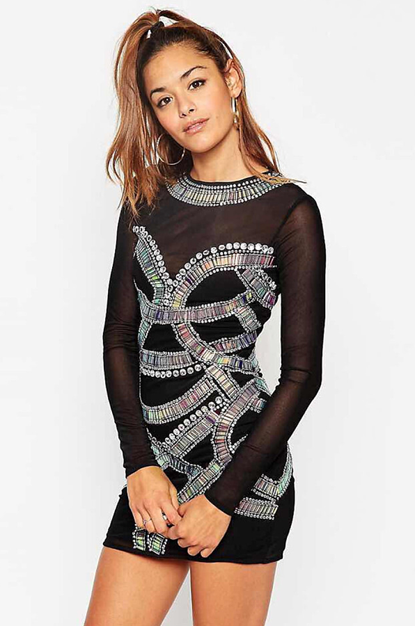 Black Embellished Bandage Bodycon Party Dress (Celebrity Style)