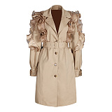 Ruffle Patchwork Lapel Lantern Sleeve Trench Coat