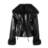 Faux Fur CollarPU Leather Jacket
