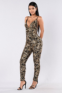 Black Mesh Gold Sequin Backless Jumpsuit (Sleeveless/Spaghetti Strap)