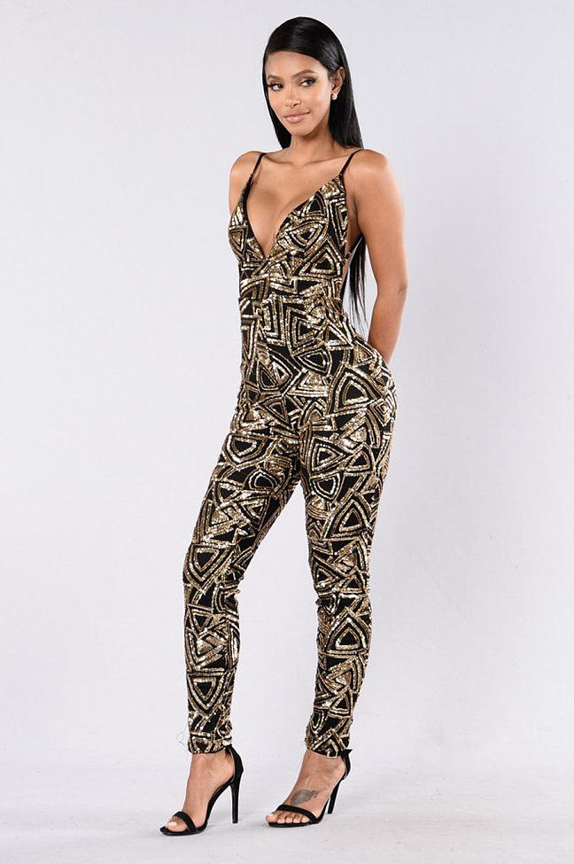 Black Mesh Gold Sequin Backless Jumpsuit (Sleeveless/Spaghetti Strap)