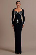 Black Plunge V-Neck Rhinestone Embellished Gown